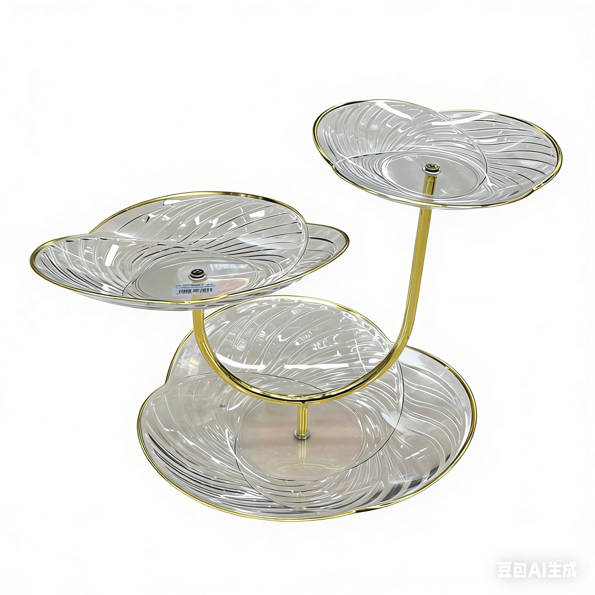 Light luxury gold-edge three-layer U-shaped three-petal fruit plate, transparent water ripple pastry rack, home living room snack tray Item Picture