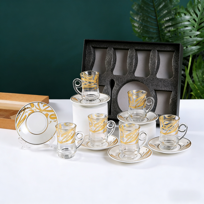 Cross-border gilded embossed flower glass cups, creative transparent coffee cups, latte cups, thickened beverage cups, water cup suppliers