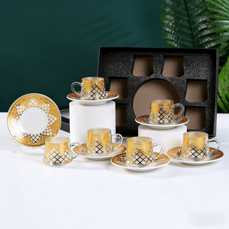 Nordic transparent gold-painted creative tea cups, glass cups, light luxury heat-insulating coffee cups and cold drink cups Specification image