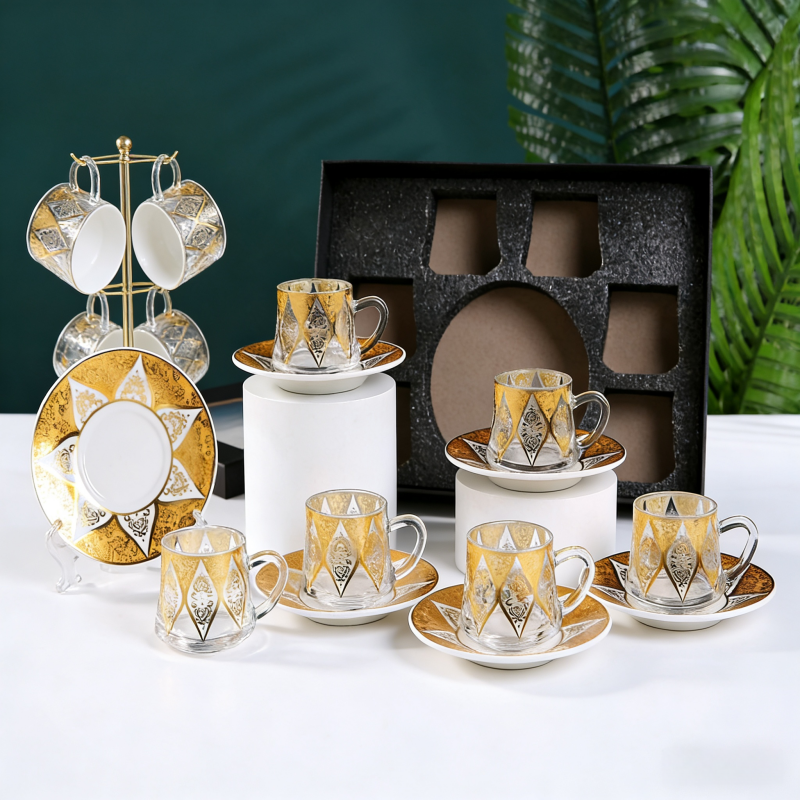 Nordic transparent gold-painted creative tea cups, glass cups, light luxury heat-insulating coffee cups and cold drink cups details Picture