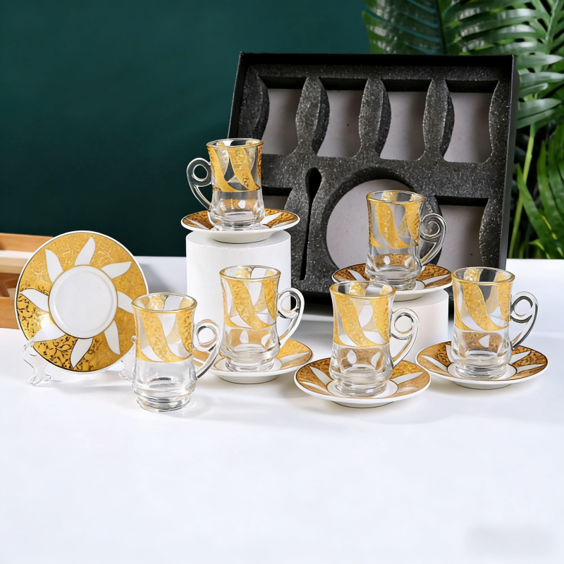 Cross-border gilded embossed flower glass cups, creative transparent coffee cups, latte cups, thickened beverage cups, water cup suppliers Specification image