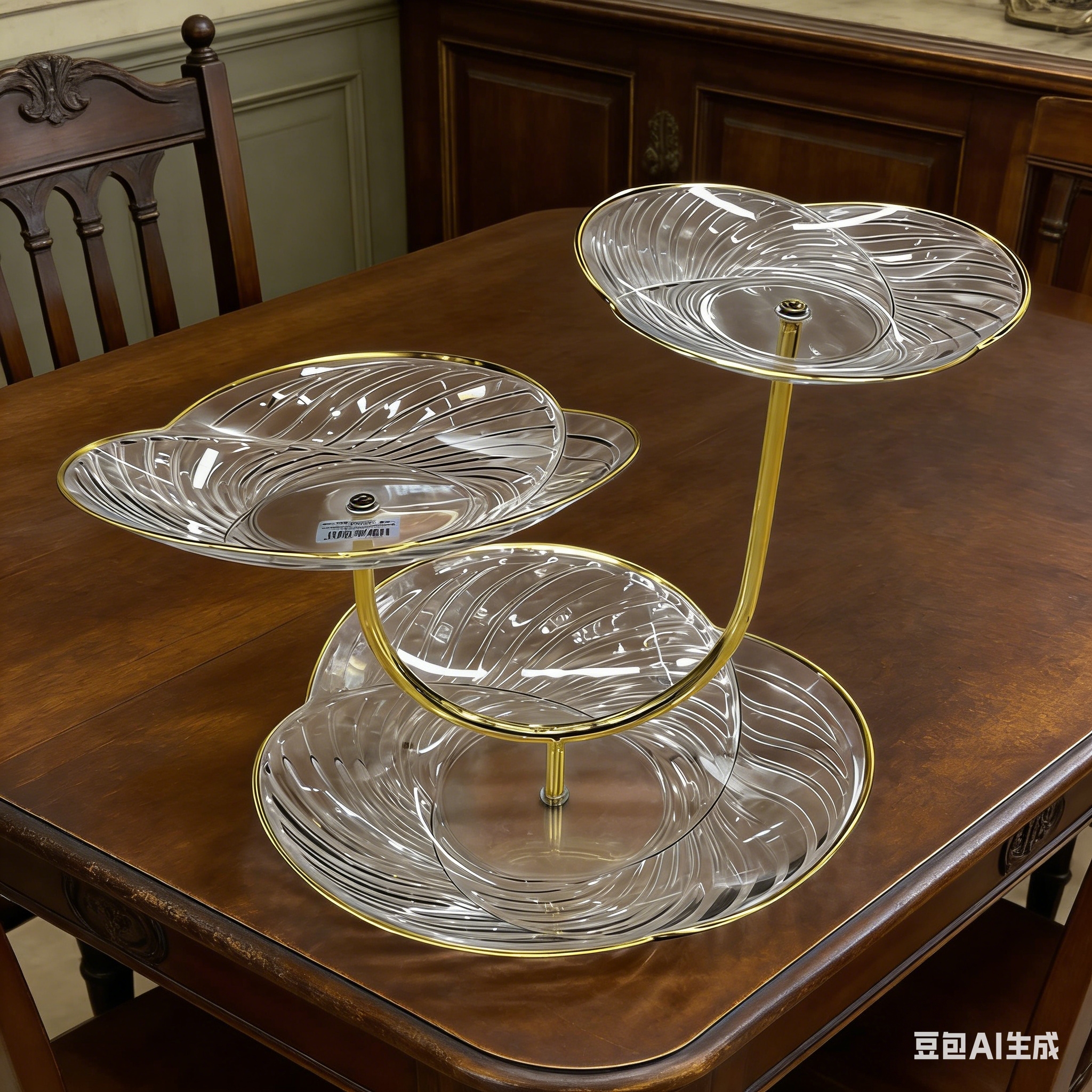 Light luxury gold-edge three-layer U-shaped three-petal fruit plate, transparent water ripple pastry rack, home living room snack tray Specification image