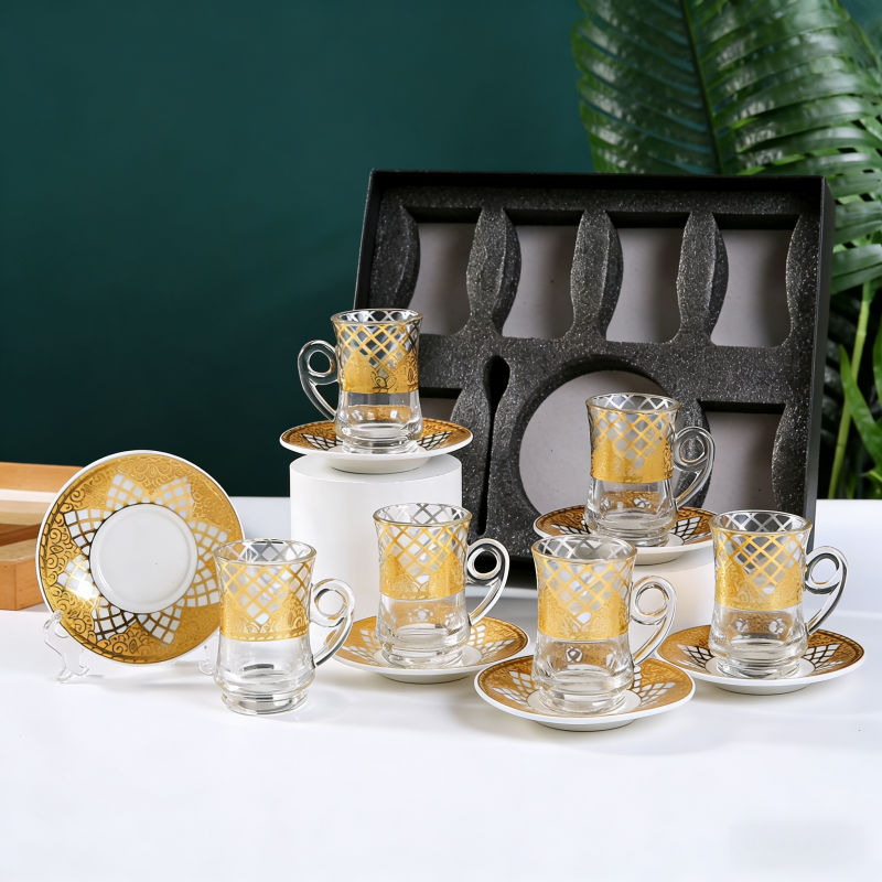 Cross-border gilded embossed flower glass cups, creative transparent coffee cups, latte cups, thickened beverage cups, water cup suppliers details Picture