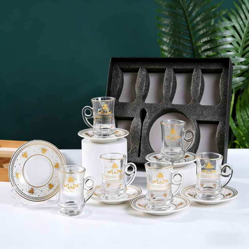 Cross-border gilded embossed flower glass cups, creative transparent coffee cups, latte cups, thickened beverage cups, water cup suppliers Item Picture