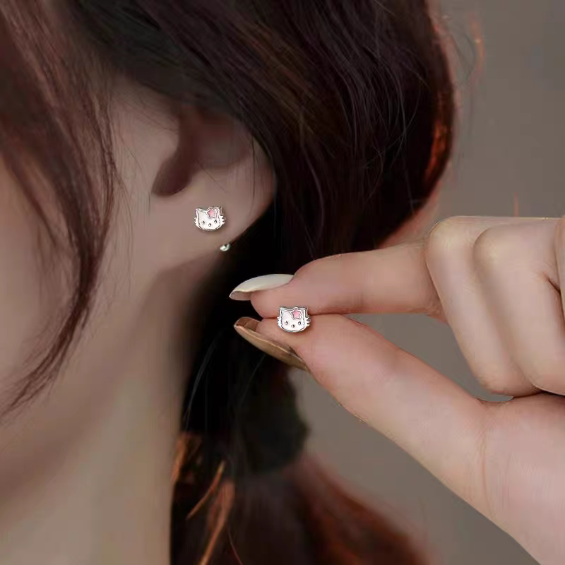 S925 sterling silver cute KT cat screw ear studs detail image 2