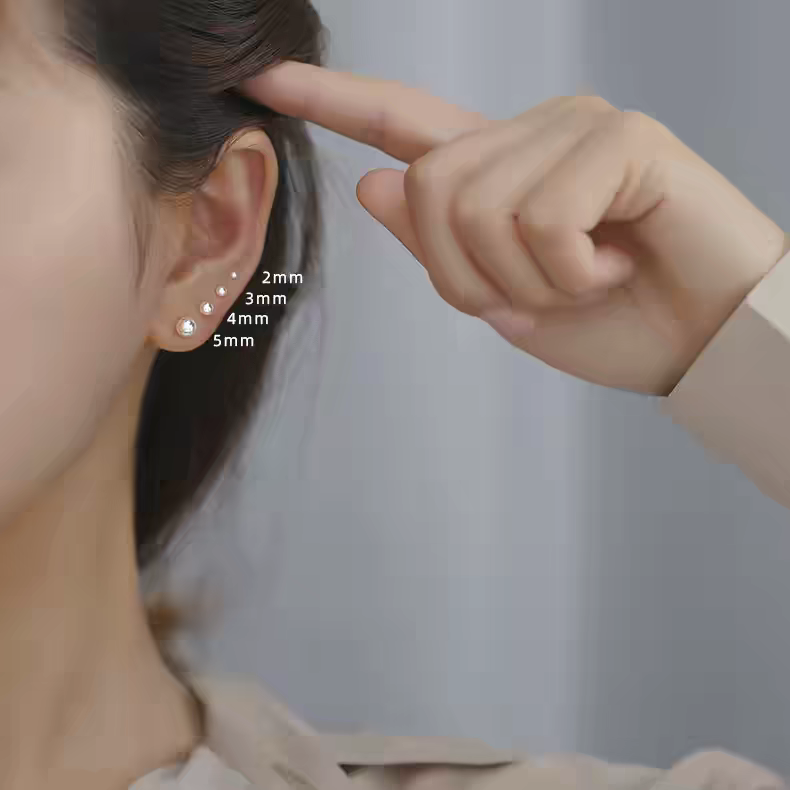 S990 pure silver bean stud earrings, a niche design with a high-end feel, no need to remove round bead stud earrings for ear piercing while sleeping Specification image