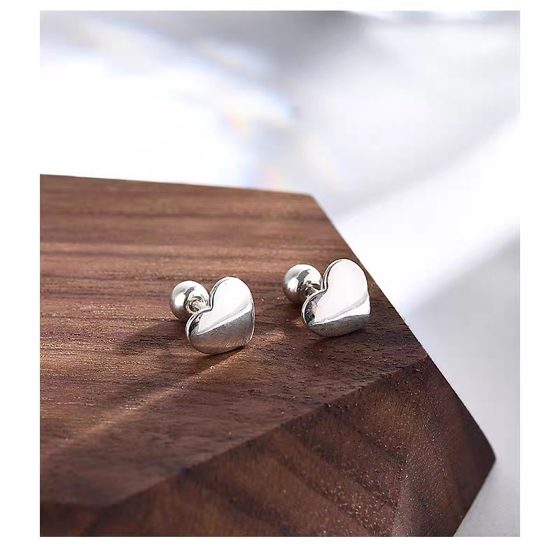 Sterling silver 990 smooth heart-shaped stud earrings details Picture
