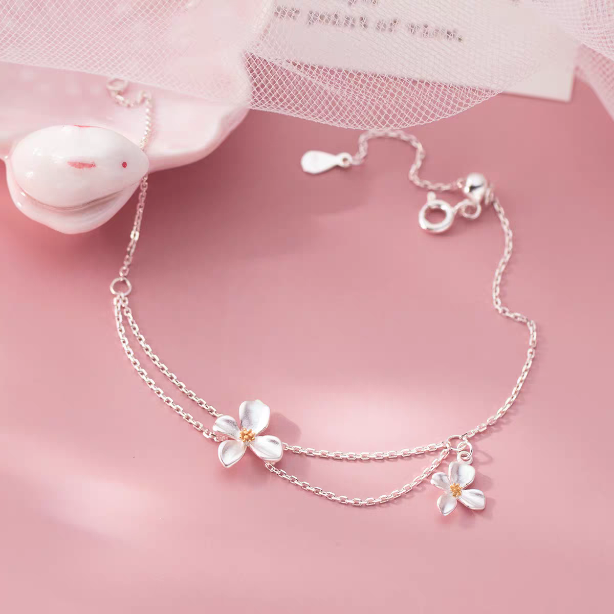 S990 Pure Silver Gardenia Flower Bracelet for Girls, a light luxury, niche and high-end pure silver Chinese-style flower jewelry