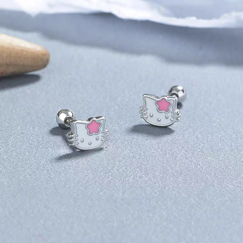 S925 sterling silver cute KT cat screw ear studs