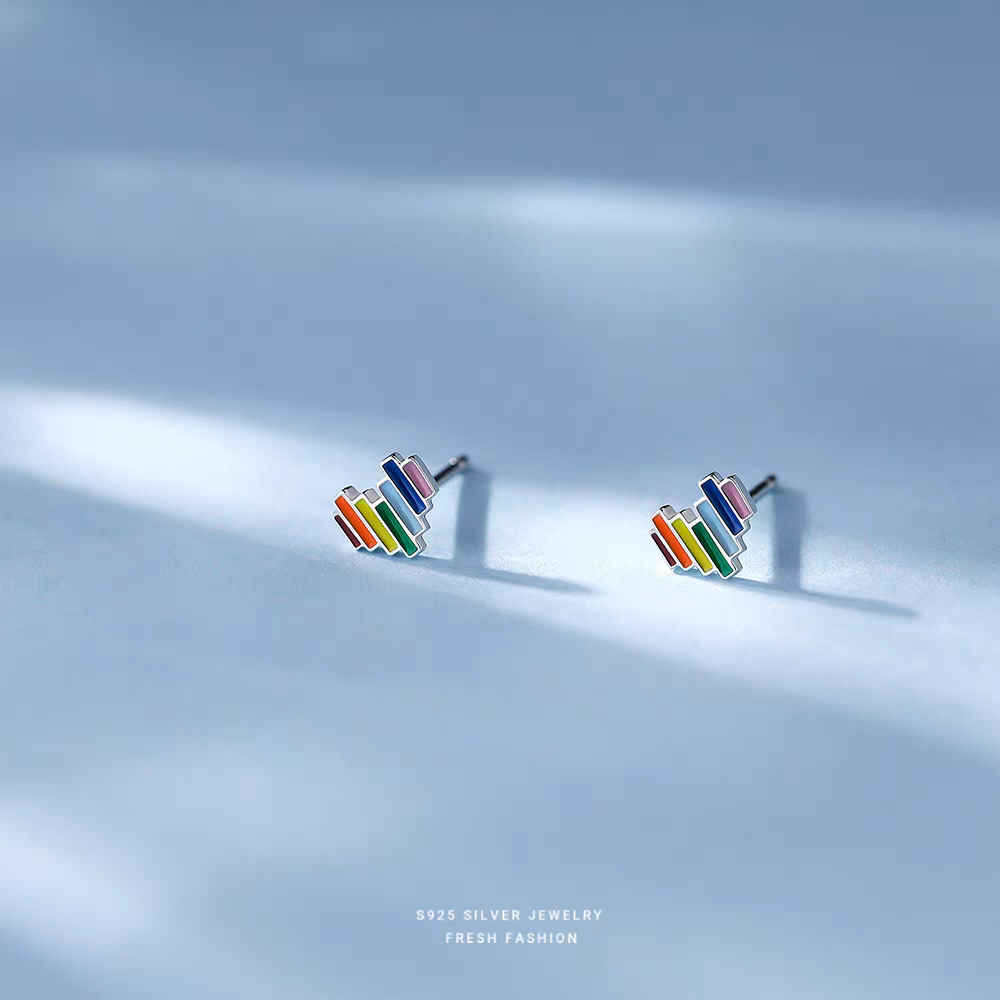 S925 sterling silver rainbow heart Stud earrings for women