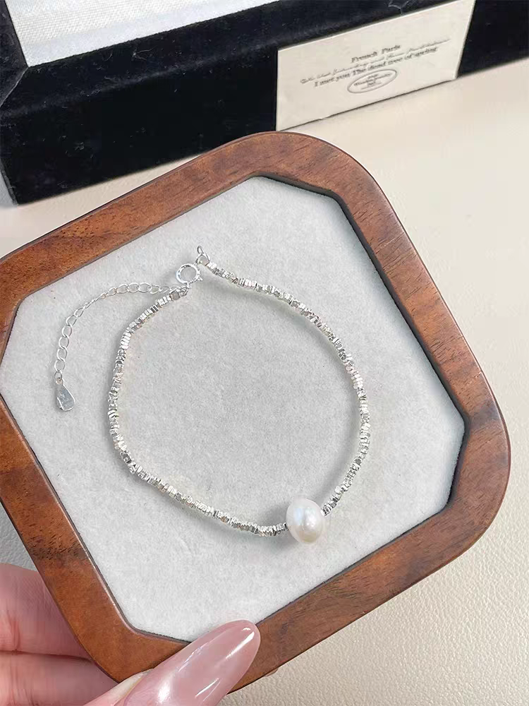 S925 Pure silver Broken Silver freshwater pearl bracelet detail image 2