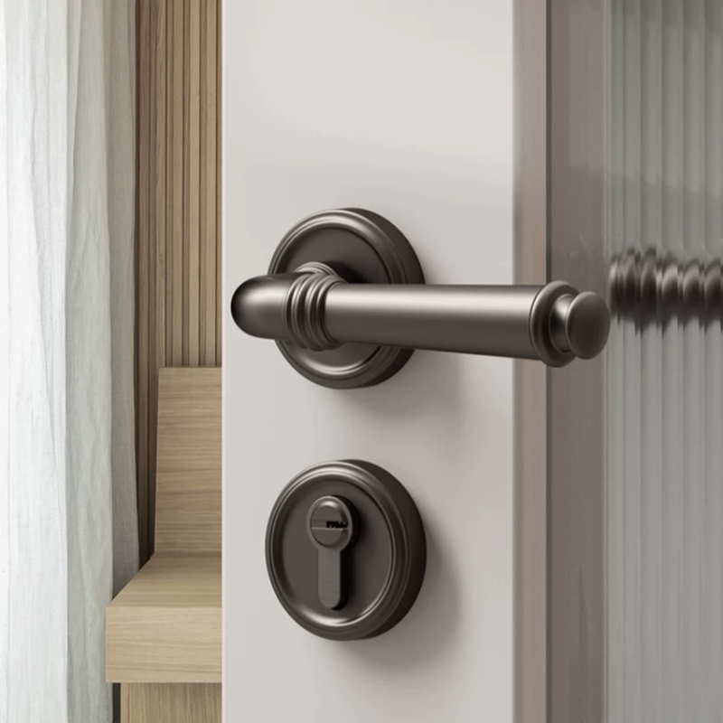 Haobao black bedroom door lock, French light luxury magnetic silent door lock, indoor split household solid wood door handle details Picture