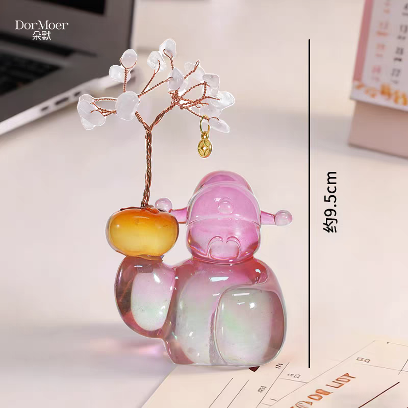 粉色智慧财神爷水晶树创意摆件桌面装饰家居摆件
