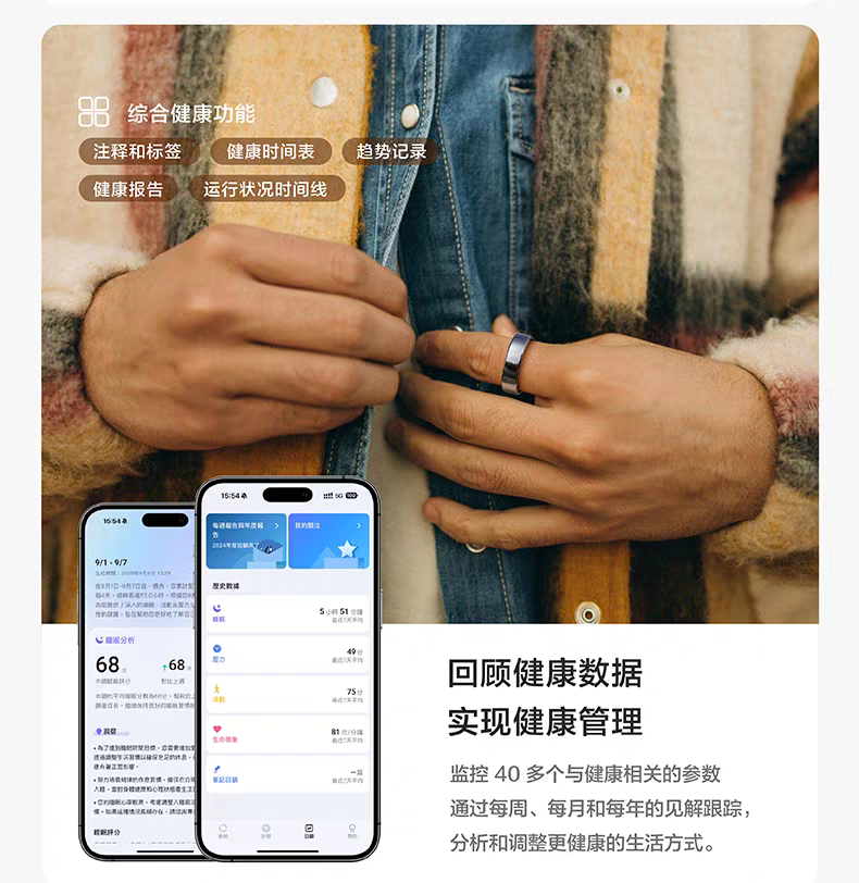 RingConn Gen 2 智能戒指 睡眠呼吸暂停监测 心率变异 血氧 女性生理期预测健康指导 超长续航 耀阳金详情图14