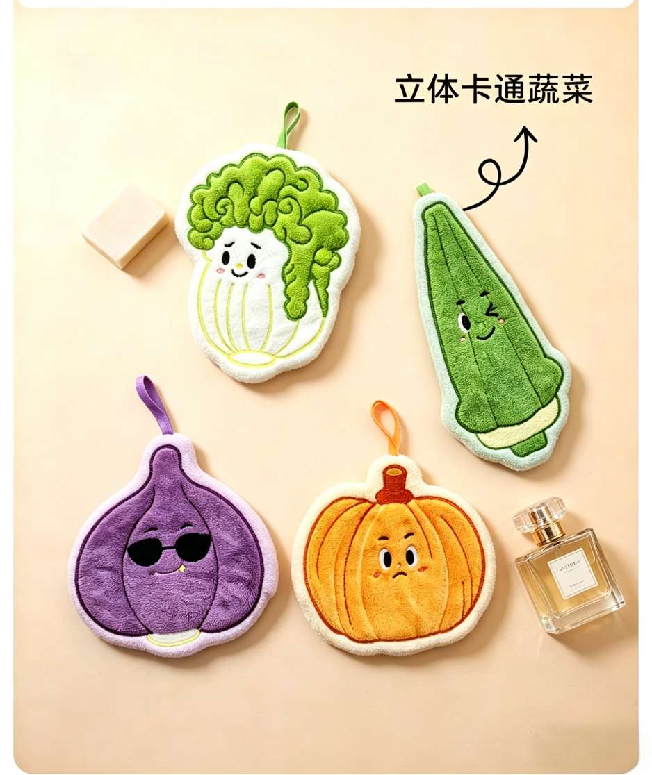 创意蔬菜擦手巾挂式可爱卫生间吸水速干毛巾加厚手帕厨房搽抹布