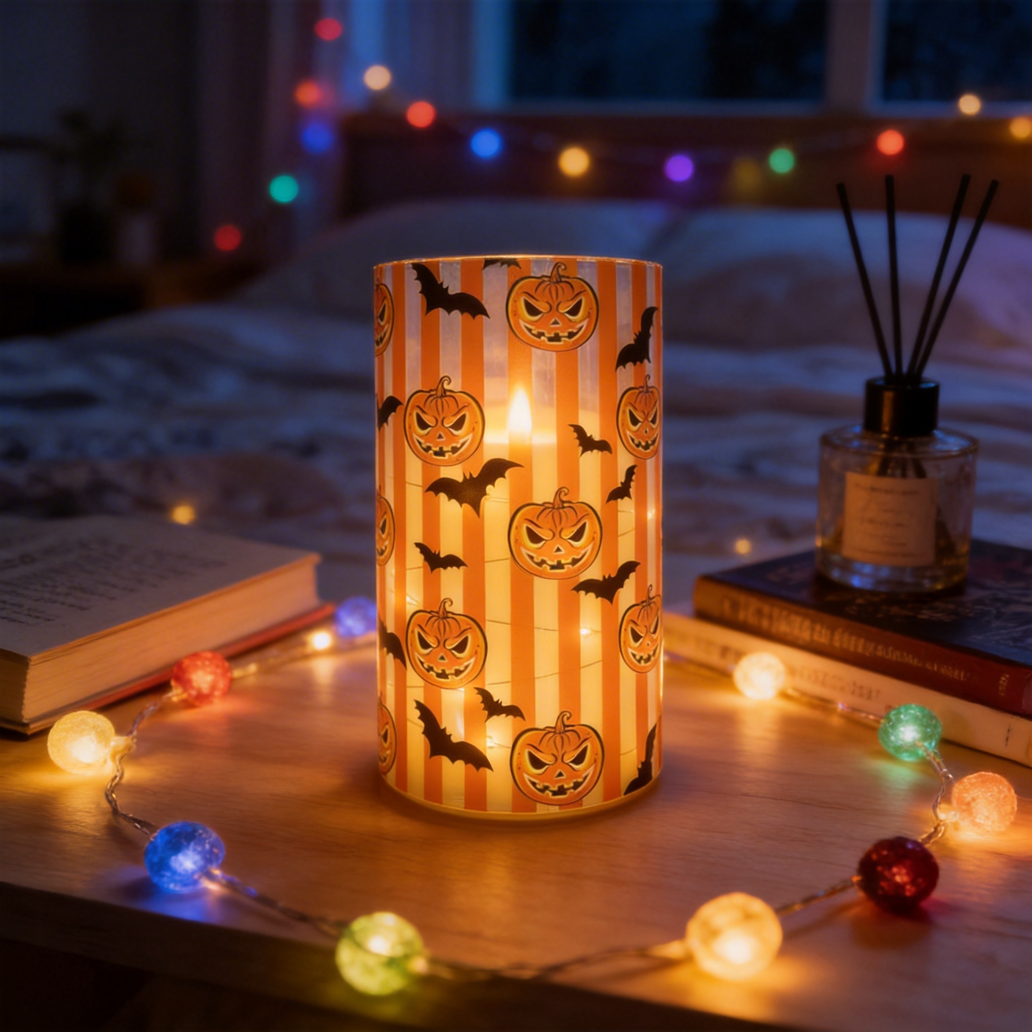Suitable for cross-border candles, swing headlamps, string candle lamps, simulated candle lamps, ambient lamps, candlelight dinner candle lamps, UV printing, new Halloween pumpkin, replaceable pattern, illuminated decorative items, 7.5 electronic candle factory Item Picture