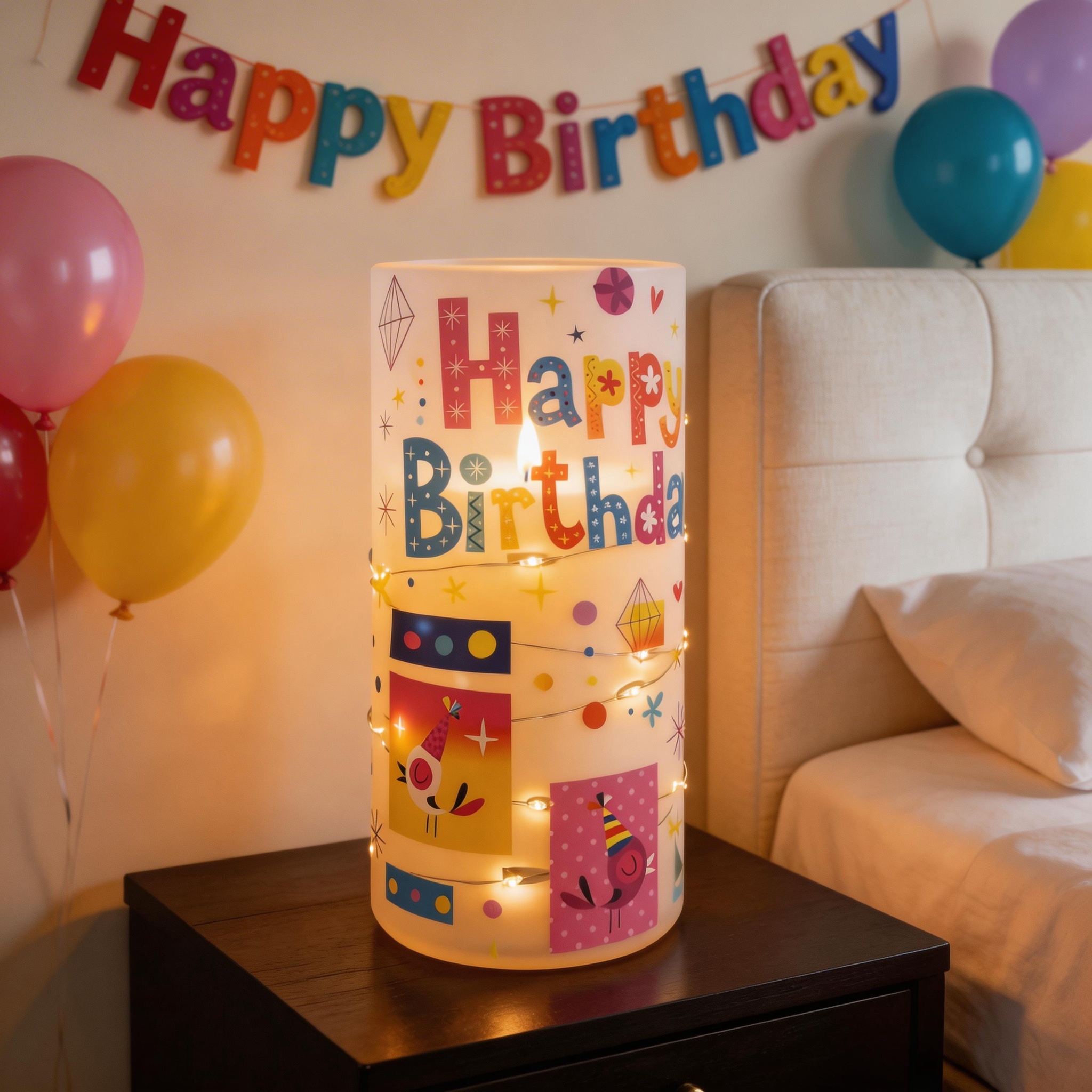 Uv-printed new HAPPY replaceable pattern luminous decorative candle 7.5 electronic candle factory direct sales Application Scenario