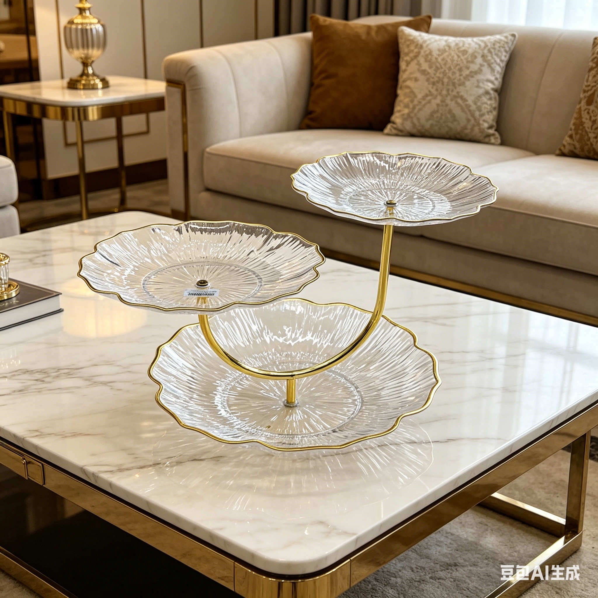 Light luxury gold-edge three-story lotus leaf fruit plate, home living room coffee table, fruit plate, snack storage tray, creative pastry rack