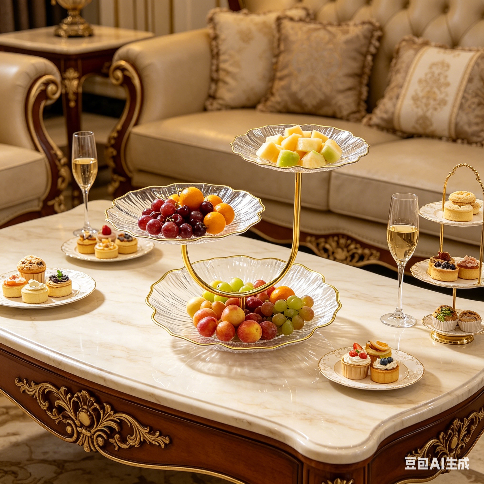 Light luxury gold-edge three-story lotus leaf fruit plate, home living room coffee table, fruit plate, snack storage tray, creative pastry rack Specification image