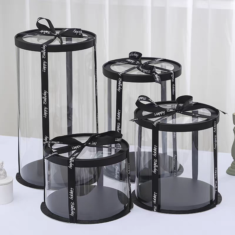 Round transparent birthday cake box, 4, 4, 6, 6, 8, 8, 10, 10, 12 inches, single, double, high, black, white, gold, silver, red, blue, flower, pastry, toy packing box, cake packaging box details Picture