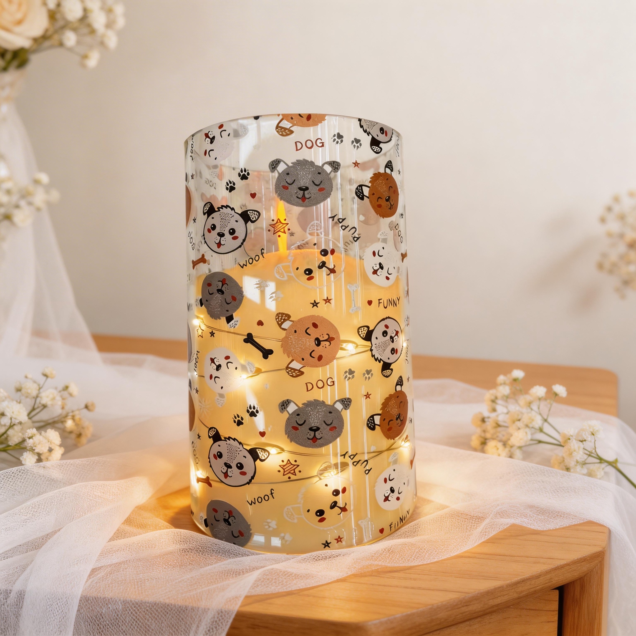 New UV-printed Happy Puppy transparent pattern luminous decorative candle 7.5 electronic candle factory direct sales Specification image