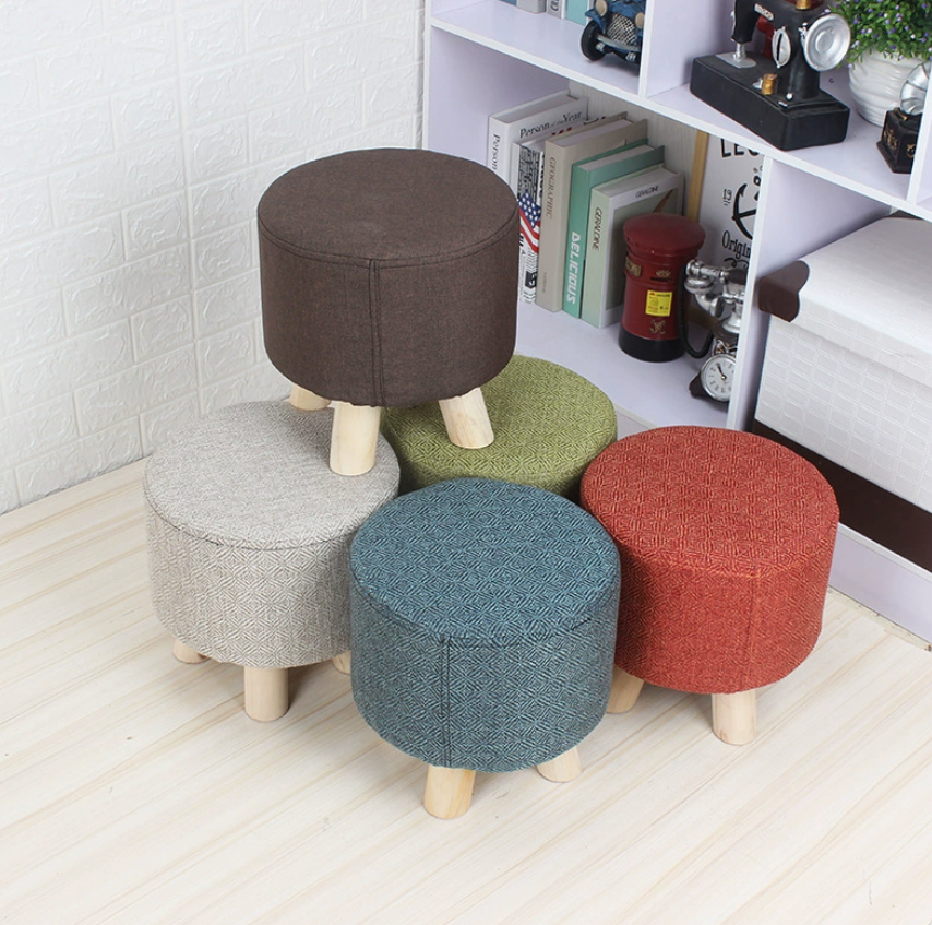 Cotton and linen fabric solid wood round stools, coffee tables, low stools, children's shoe-changing stools, living room and bedroom solid-color detachable cloth cover stools details Picture