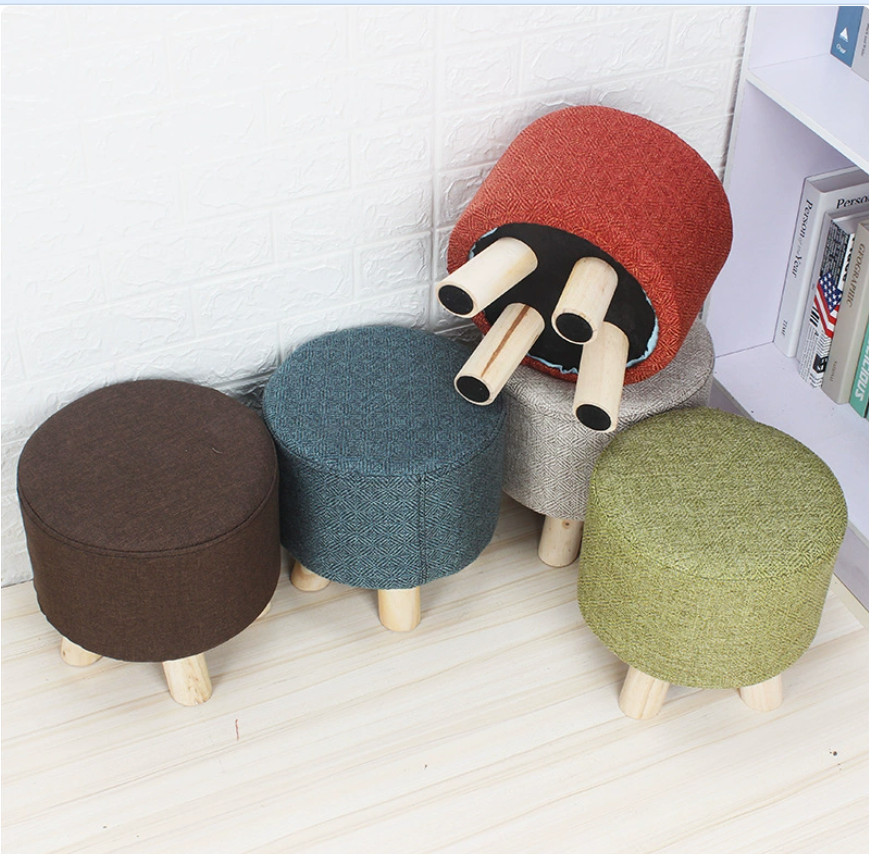 Cotton and linen fabric solid wood round stools, coffee tables, low stools, children's shoe-changing stools, living room and bedroom solid-color detachable cloth cover stools Specification image