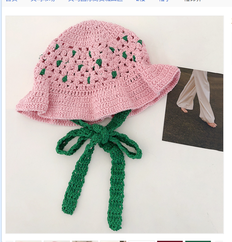 Korean style trendy retro handcrafted crochet color-blocking fisherman hat for women, new spring and summer style with hollowed-out straps to show off the face, small basin hat details Picture