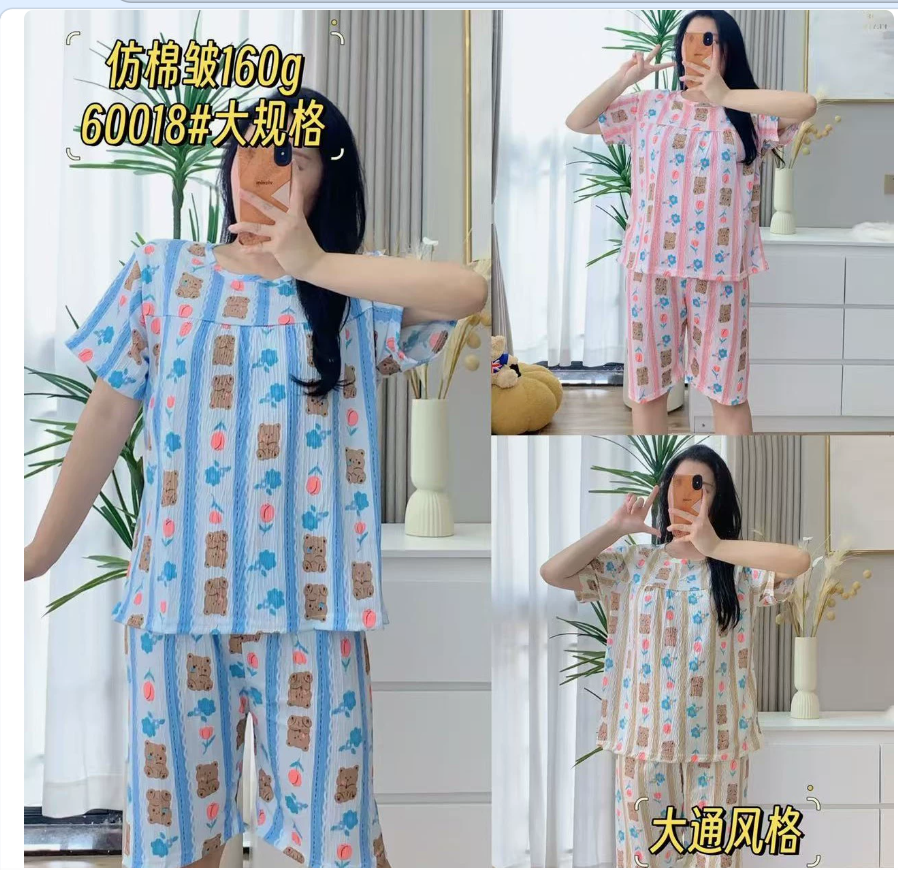 Cute little bear pattern children's modal cotton home wear pajama set summer export casual cotton imitation wrinkled fabric short-sleeved seven-inch pants pajama loose cartoon home wear two-piece set Application Scenario