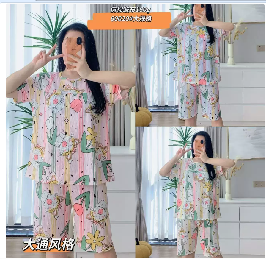 Cute little bear pattern children's modal cotton home wear pajama set summer export casual cotton imitation wrinkled fabric short-sleeved seven-inch pants pajama loose cartoon home wear two-piece set Specification image