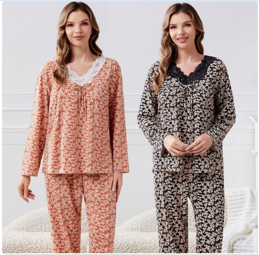 Summer new skin-soothing cotton V-neck lace long-sleeved shirts and long pants, loose large-sized pajamas, thin foreign trade style women's pajamas and home wear