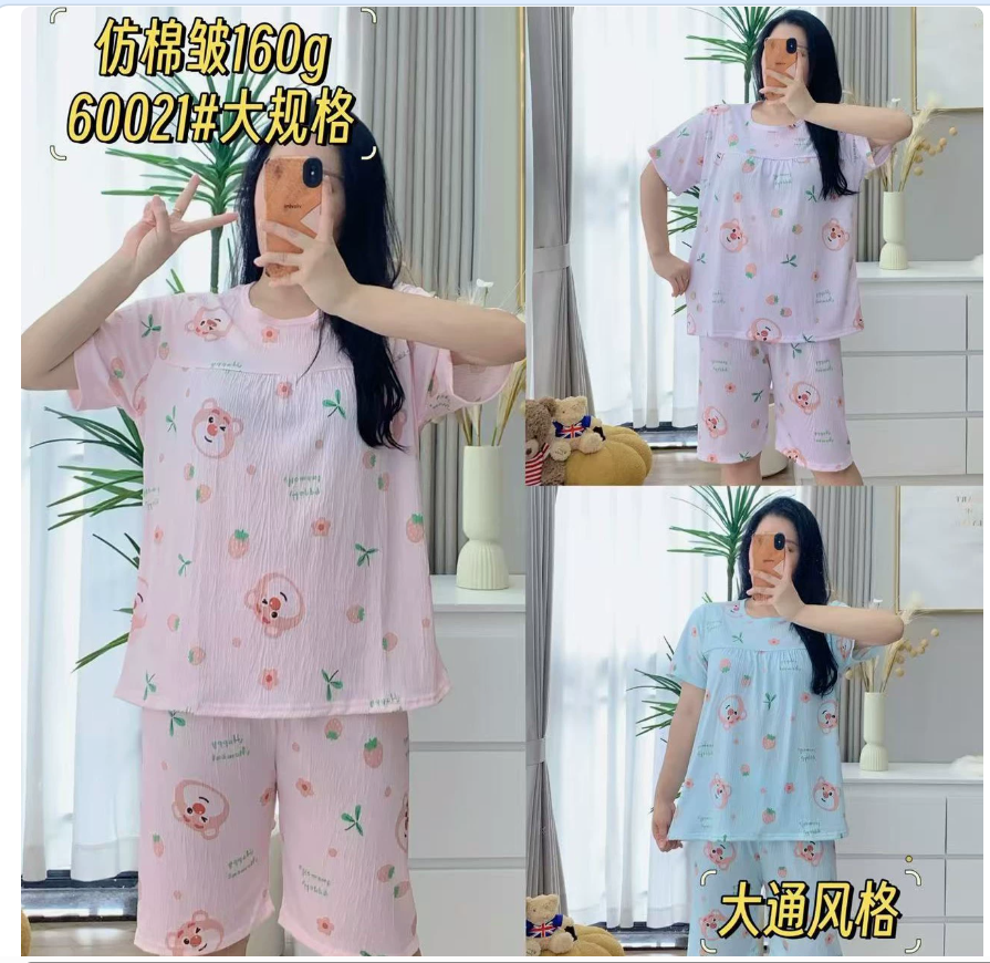 Cute little bear pattern children's modal cotton home wear pajama set summer export casual cotton imitation wrinkled fabric short-sleeved seven-inch pants pajama loose cartoon home wear two-piece set details Picture