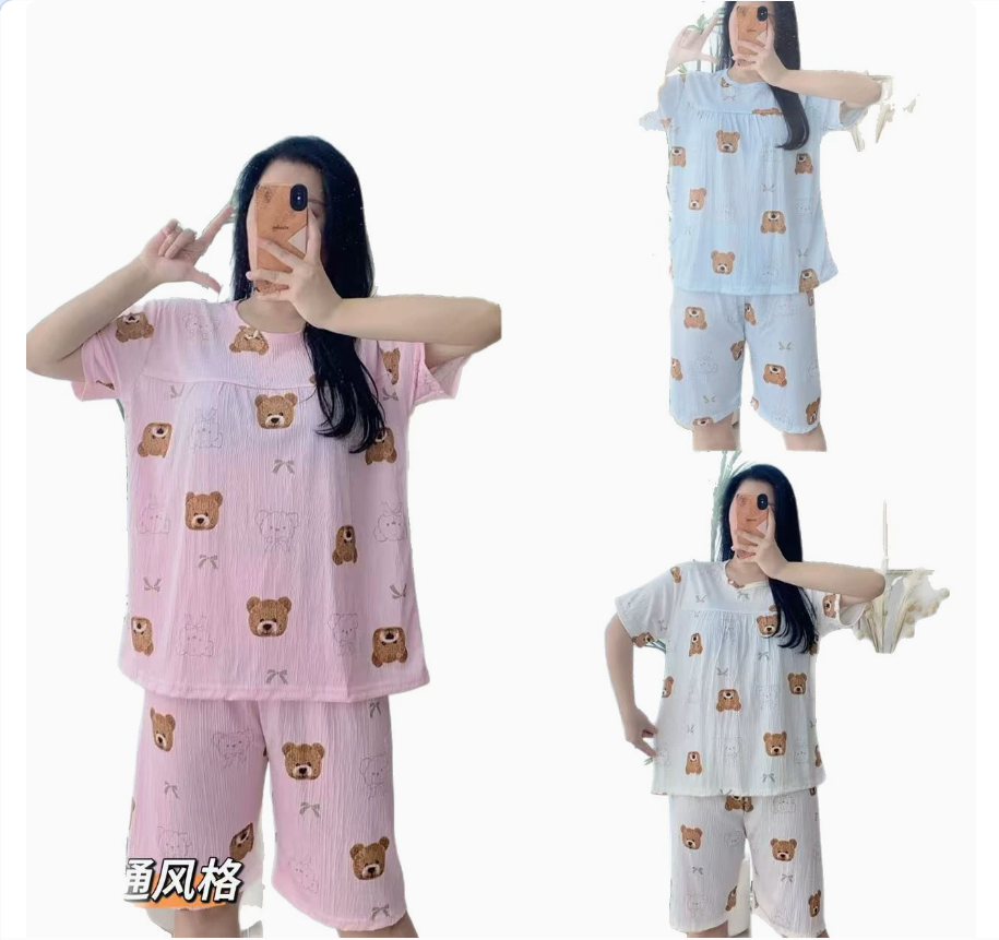 Cute little bear pattern children's modal cotton home wear pajama set summer export casual cotton imitation wrinkled fabric short-sleeved seven-inch pants pajama loose cartoon home wear two-piece set Item Picture