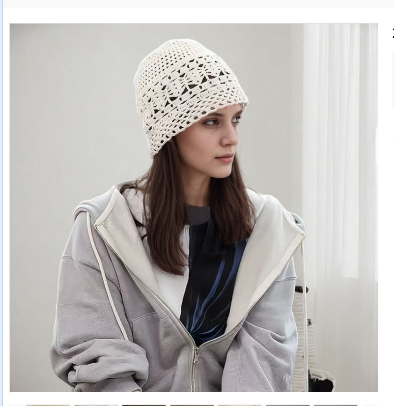 The 2025 new artistic style hollowed-out knitted headcap for women's summer, with a Korean-style atmosphere, is a thin and breathable pile-up hood details Picture