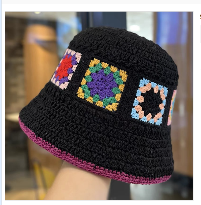 New grandmother checkered fisherman's hat, woven sun hat, hand-cut retro knitted hat, colorful vacation sun hat Specification image
