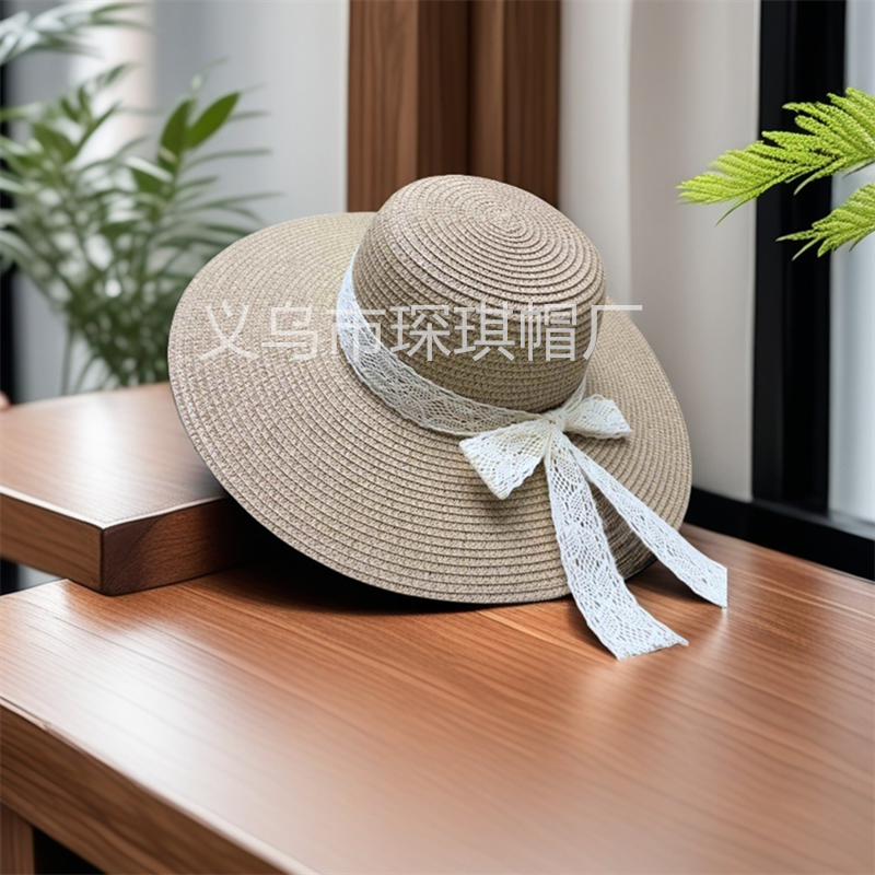 Cross-border new bestsellers: wide-brimmed straw hats for women in spring and summer, beach hats, lace bow ribbon straw hats, sun hats, beach vacation, outdoor travel, sun protection hats, and daily urban style details Picture