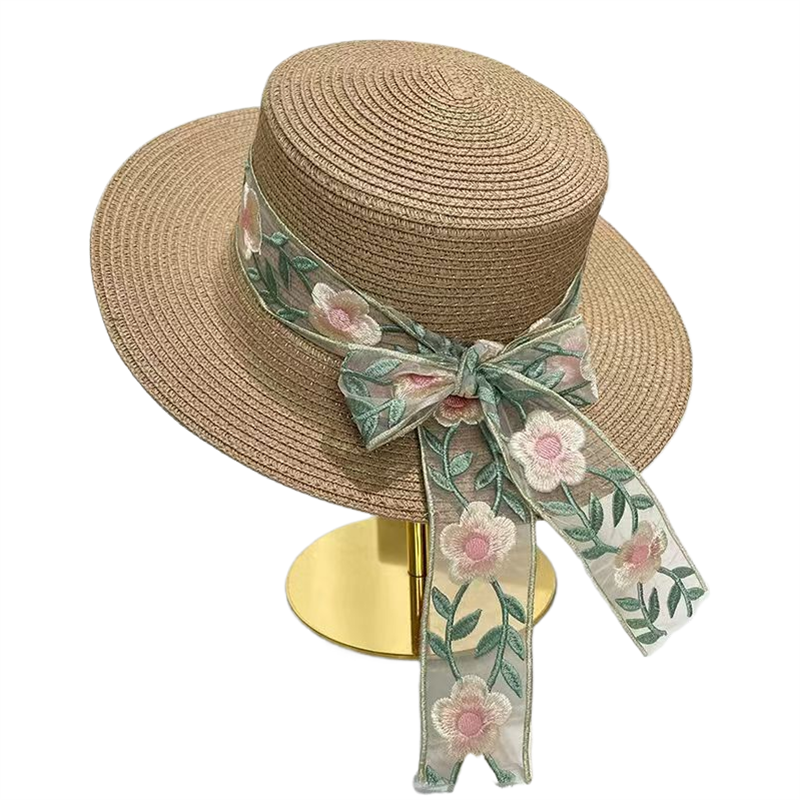 Ladies' new flat-topped straw hat, colorful lace bow ribbon straw hat, beach hat, sun hat, sunshade hat, seaside vacation, travel, daily outdoor leisure urban style Item Picture