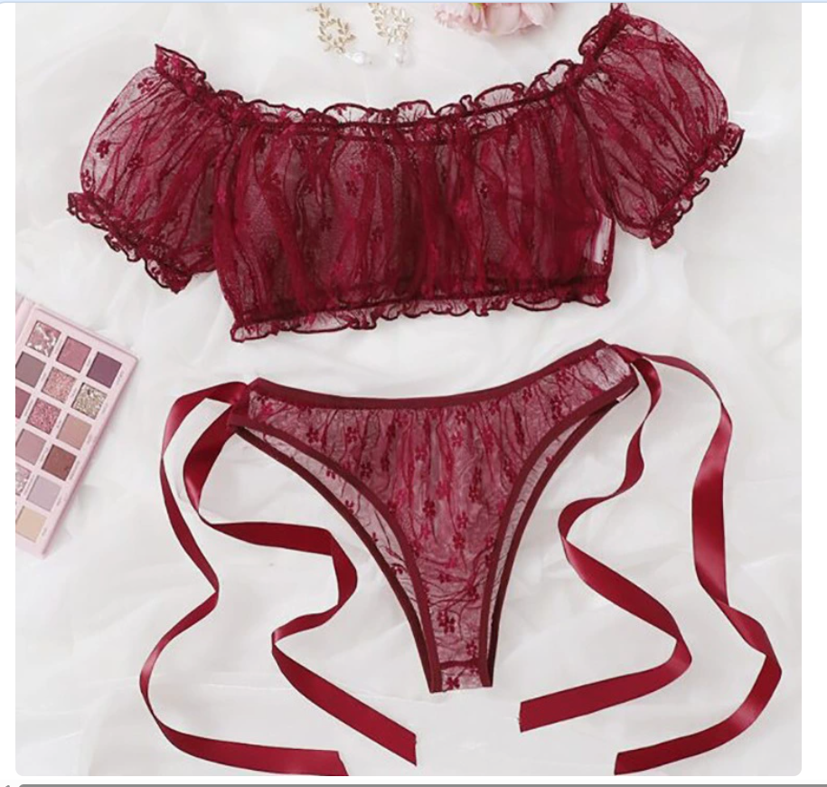 Cross-border European and American large-sized one-shoulder strapless sexy lingerie, lace pure sensual bra and underwear two-piece see-through set 08