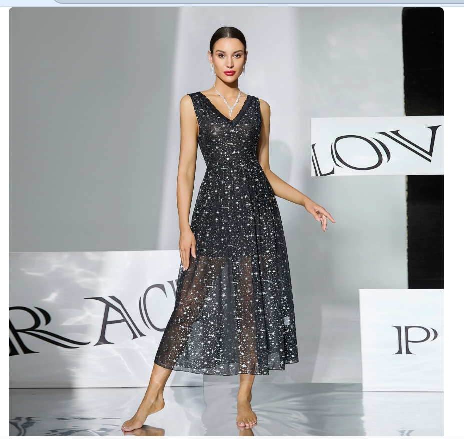 Light luxury starry sky glittering tulle sleeping dress, deep V, backless, cinched waist, mid-length, date atmosphere, sensual battle dress 1148 details Picture