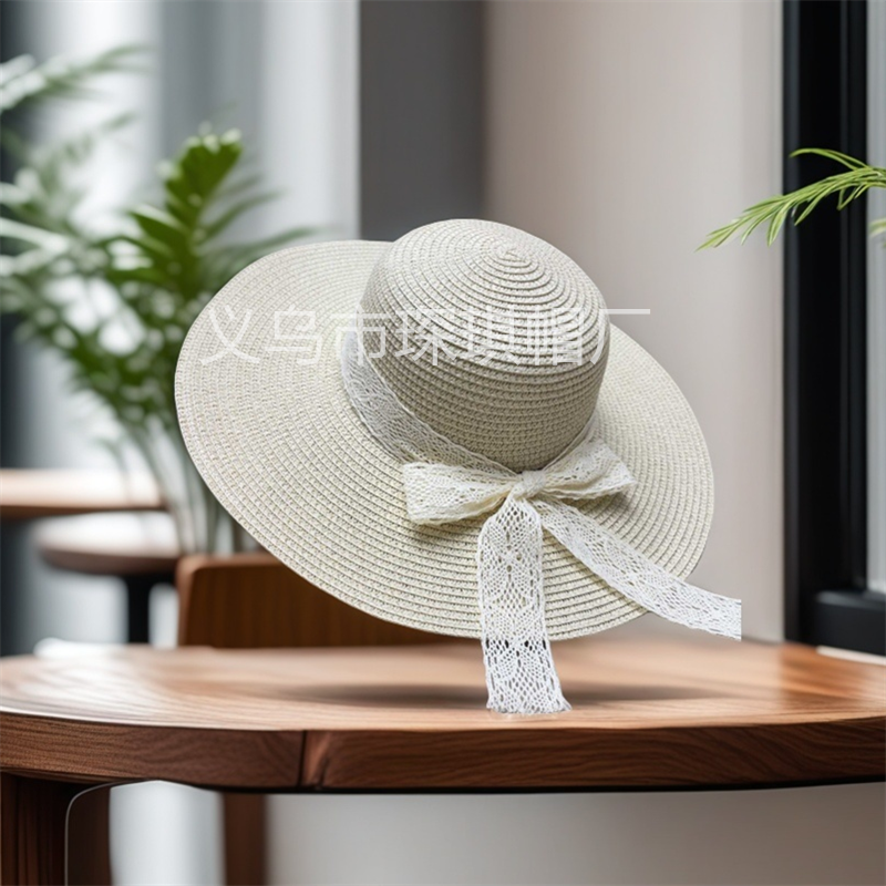 Cross-border new bestsellers: wide-brimmed straw hats for women in spring and summer, beach hats, lace bow ribbon straw hats, sun hats, beach vacation, outdoor travel, sun protection hats, and daily urban style Specification drawing