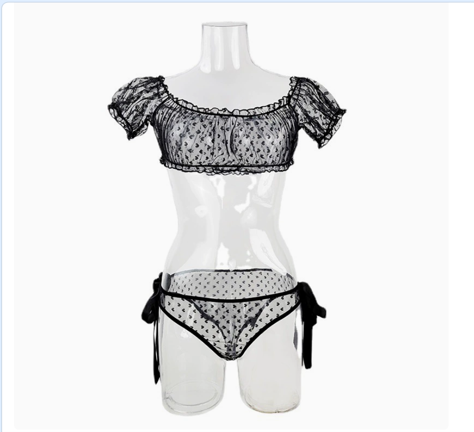 Cross-border European and American large-sized one-shoulder strapless sexy lingerie, lace pure sensual bra and underwear two-piece see-through set 08 details Picture