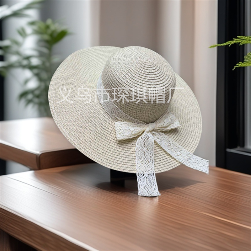 Cross-border new bestsellers: wide-brimmed straw hats for women in spring and summer, beach hats, lace bow ribbon straw hats, sun hats, beach vacation, outdoor travel, sun protection hats, and daily urban style thumbnail