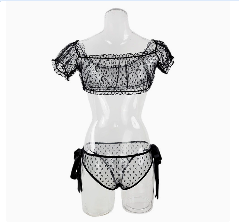 Cross-border European and American large-sized one-shoulder strapless sexy lingerie, lace pure sensual bra and underwear two-piece see-through set 08 Item Picture