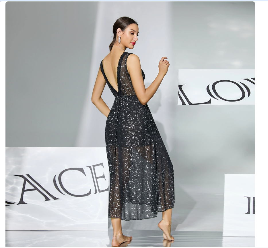 Light luxury starry sky glittering tulle sleeping dress, deep V, backless, cinched waist, mid-length, date atmosphere, sensual battle dress 1148 Specification image