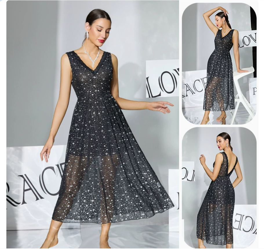 Light luxury starry sky glittering tulle sleeping dress, deep V, backless, cinched waist, mid-length, date atmosphere, sensual battle dress 1148