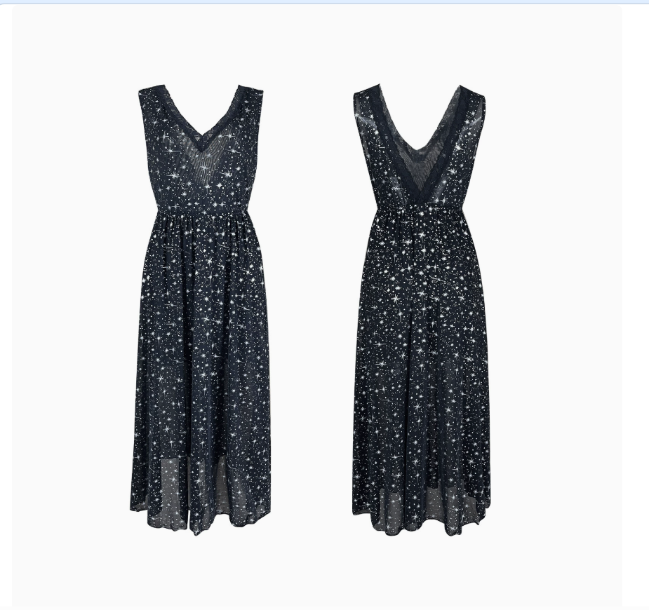 Light luxury starry sky glittering tulle sleeping dress, deep V, backless, cinched waist, mid-length, date atmosphere, sensual battle dress 1148 Item Picture
