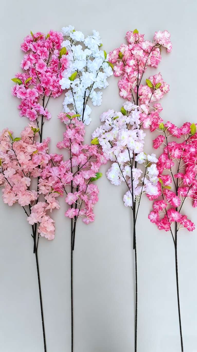 Artificial flower handicrafts, decorative flowers, artificial flowers, single cherry blossoms with leaves, in stock, colors can be customized