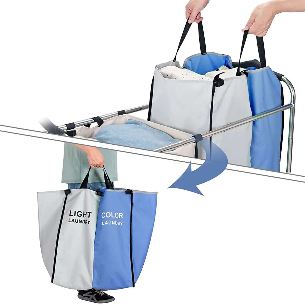 Wholesale four-bag large clothing storage basket classifiers with heavy-duty lockable clothing basket trolleys for storing dirty clothes Application Scenario