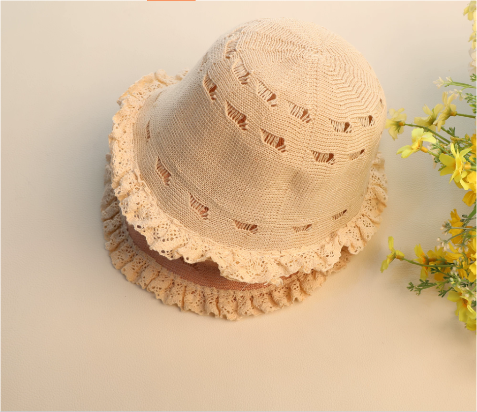 French lace-trimmed straw hat, women's summer seaside vacation beach hat, bow sun hat, children's hat, sun hat