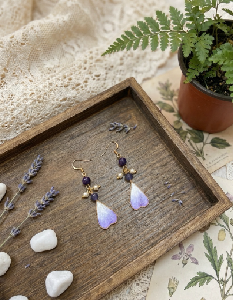 Purple gradient heart-shaped jewelry set, pearl necklace, earrings, high-end stainless steel bracelet